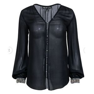 Elizabeth and James 100% Silk Black Semi-Sheer Beaded Jeweled Cuff Blouse Top M
